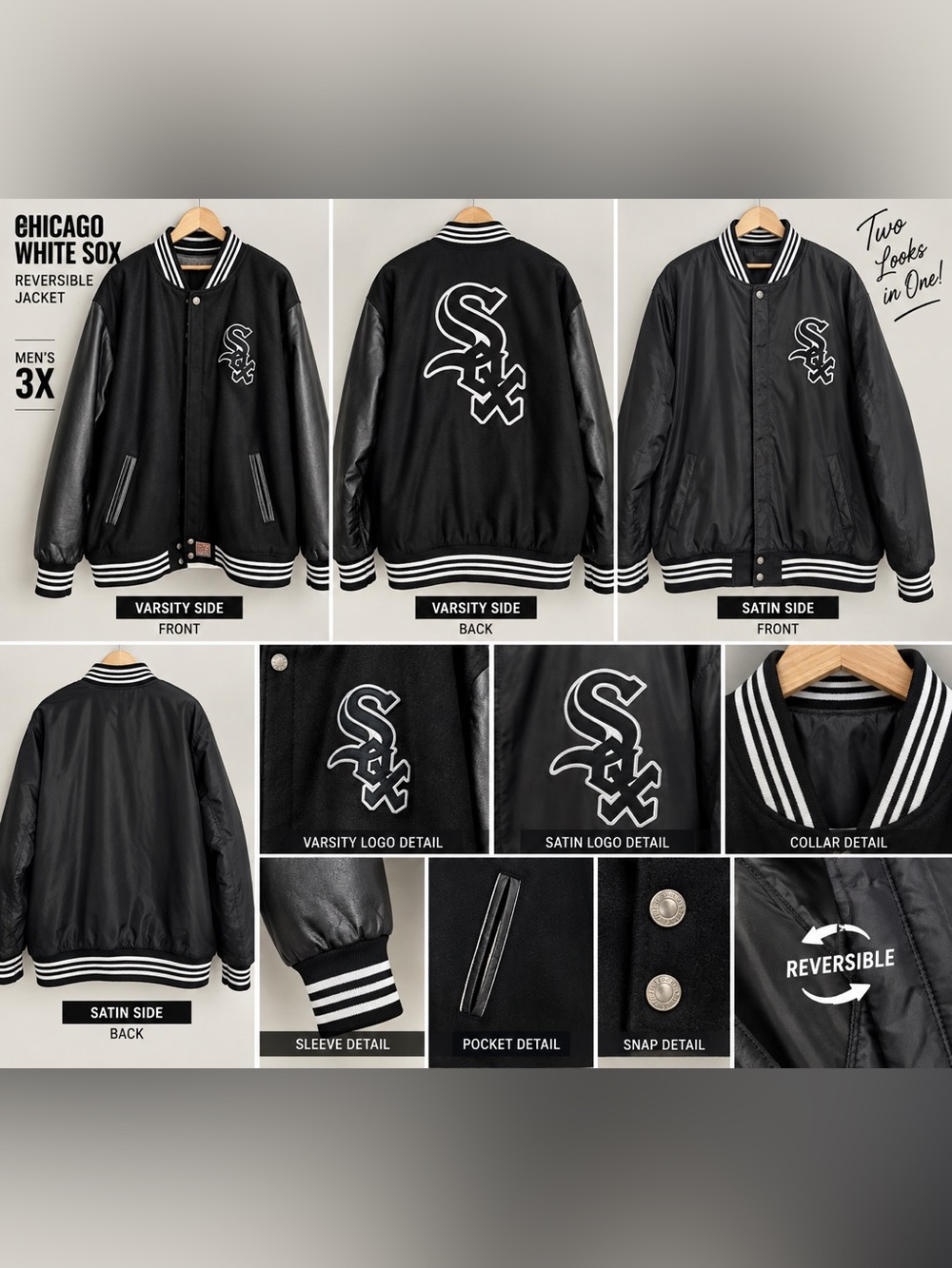 JH Design Chicago White Sox Reversible Wool Leather Jacket Black 3X